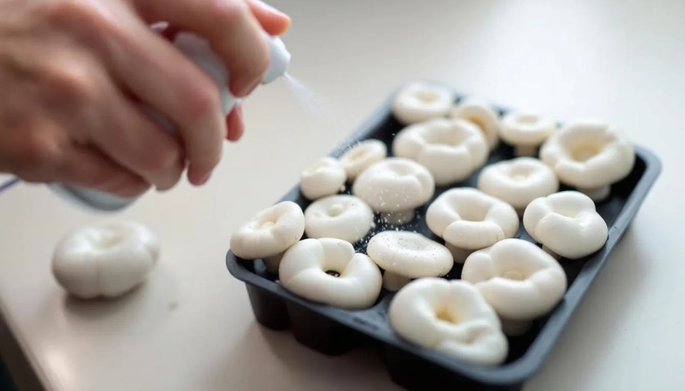 Hydrogen peroxide being sprayed onto mushroom cultivation trays
