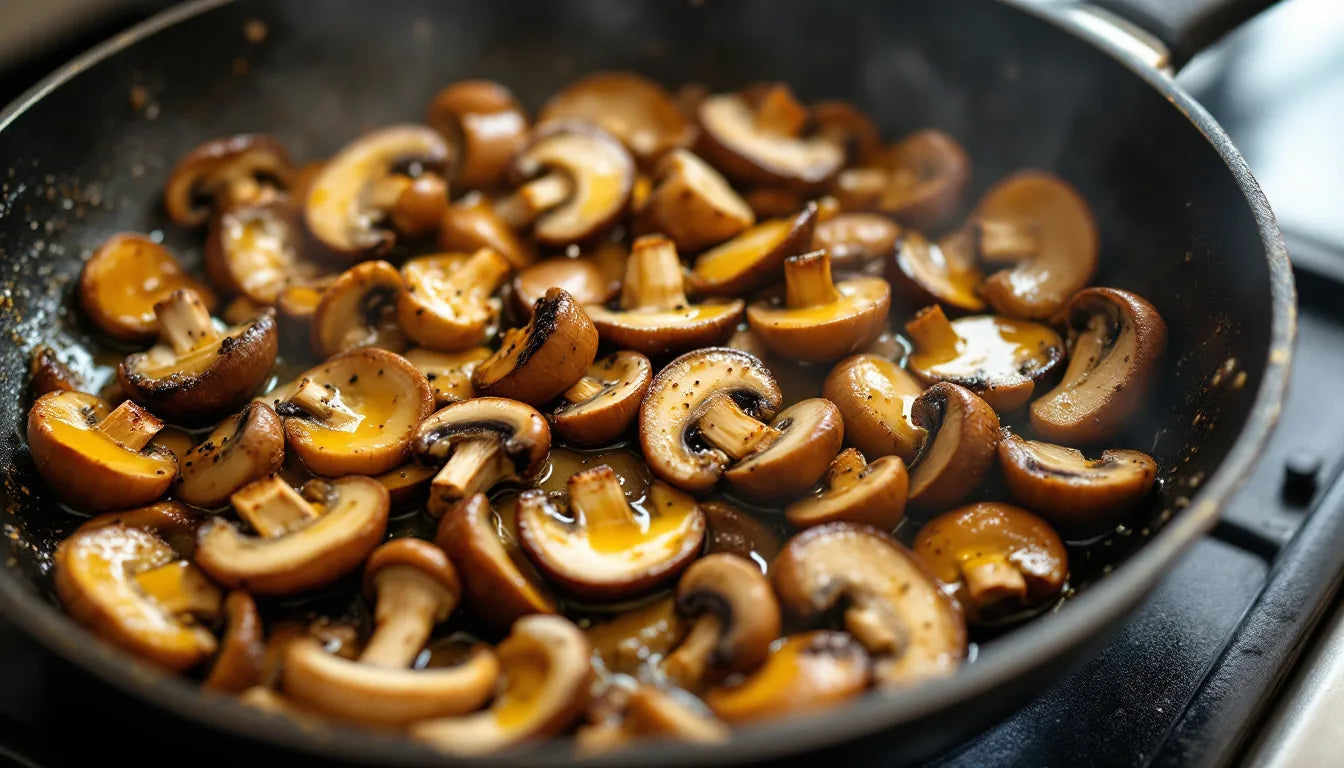 Mushrooms being sautéed in a pan with oil