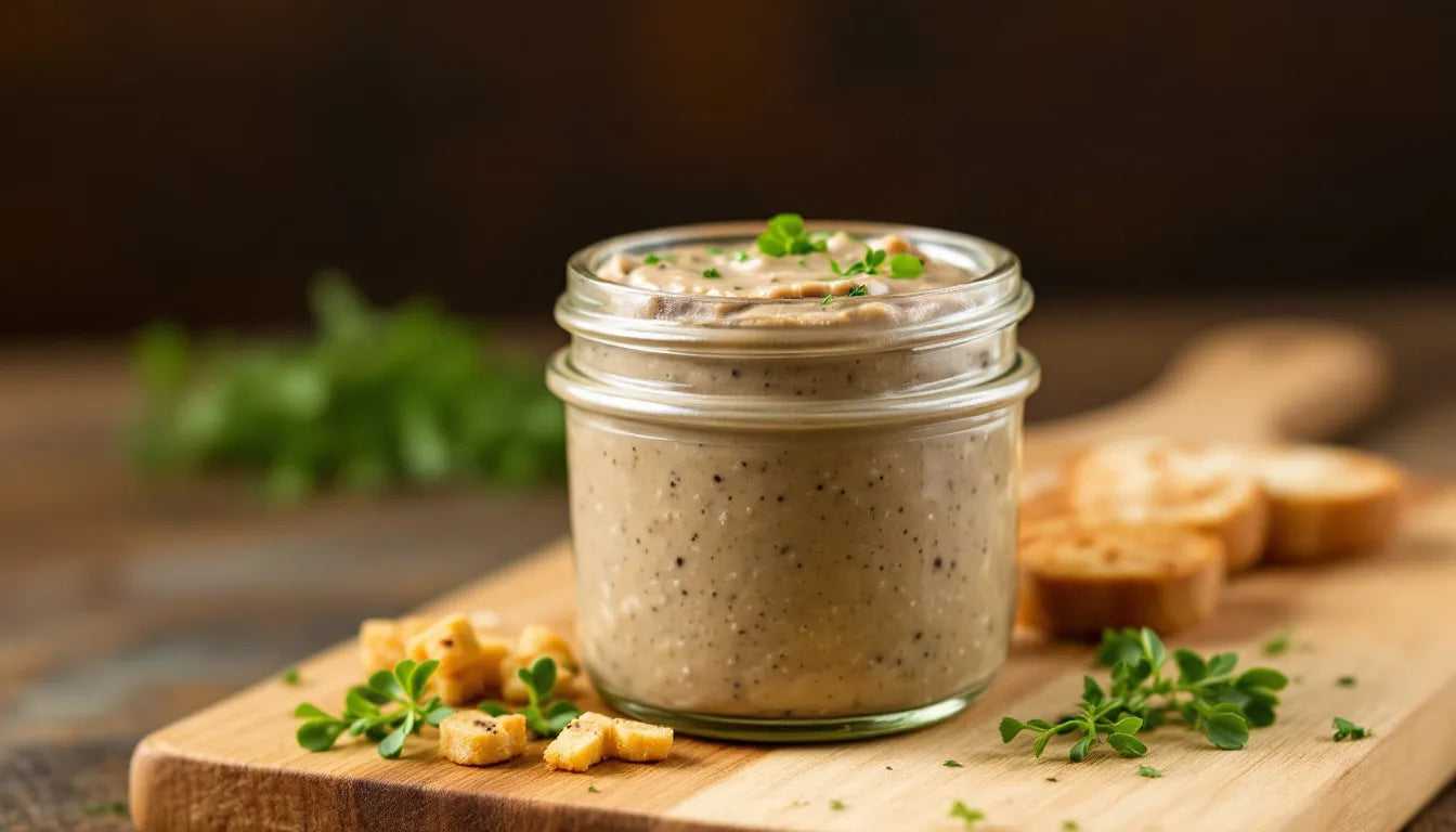 Vegan mushroom paté in a glass jar with wooden spoon