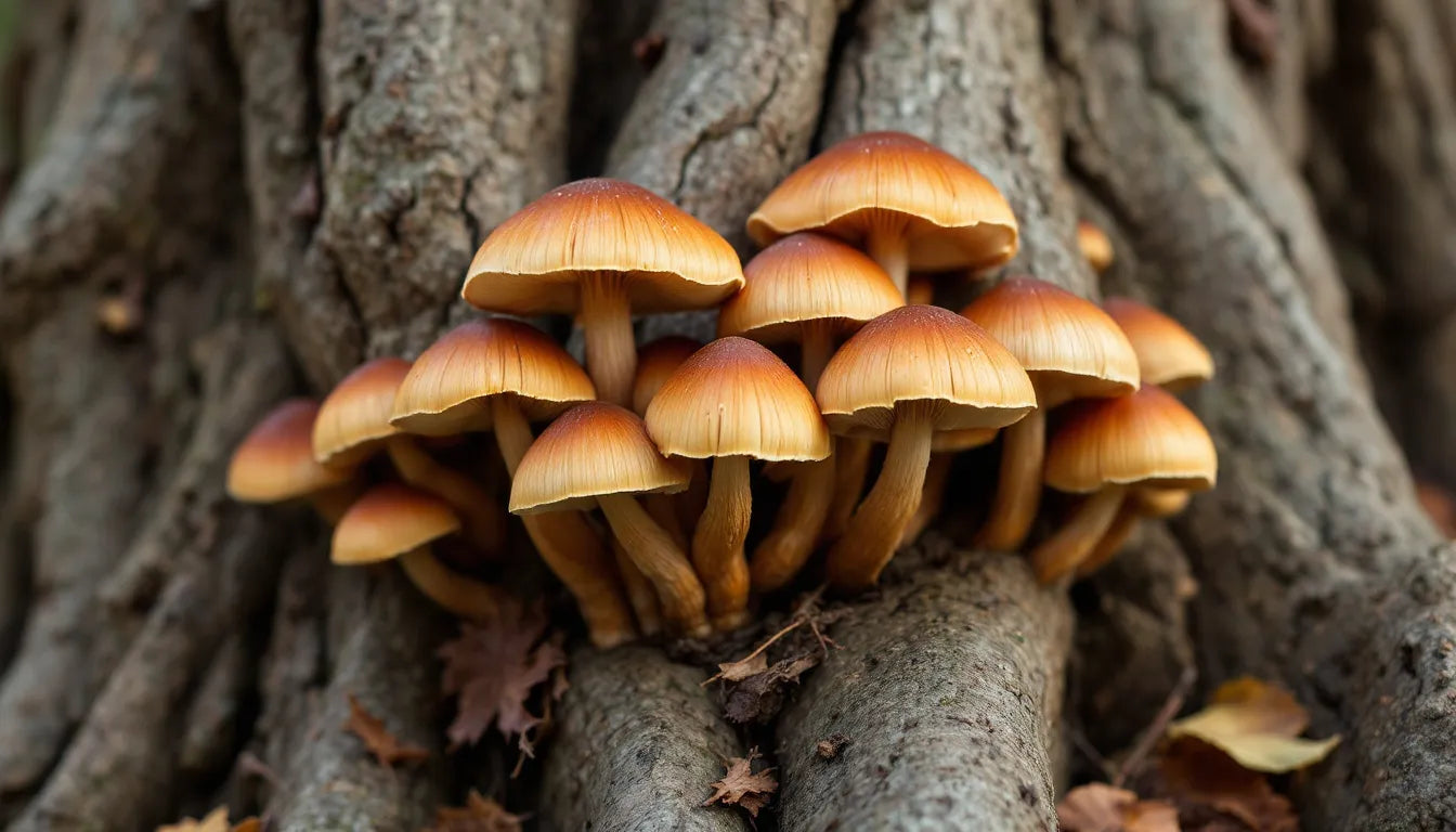 Cluster of chestnut mushrooms growing on a tree trunk