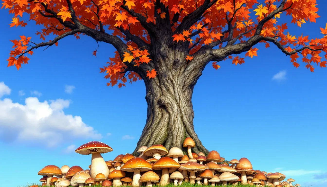 Mushrooms at the base of a tree in autumn