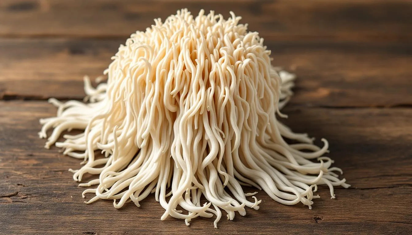 Fresh Lion’s Mane mushroom on a wooden table