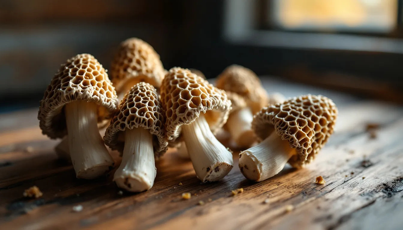 Fresh morel mushrooms on a rustic wooden table