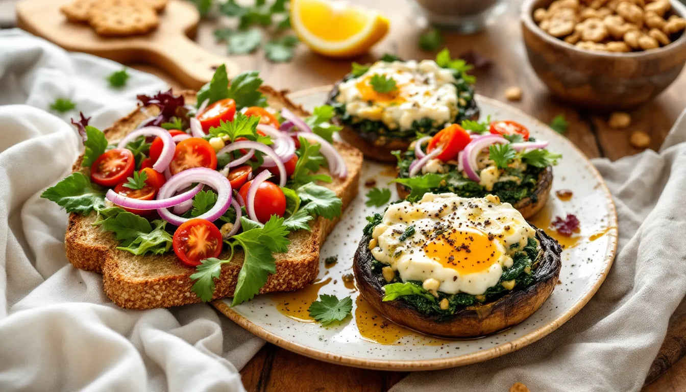 A healthy meal featuring stuffed mushrooms alongside a fresh salad.
