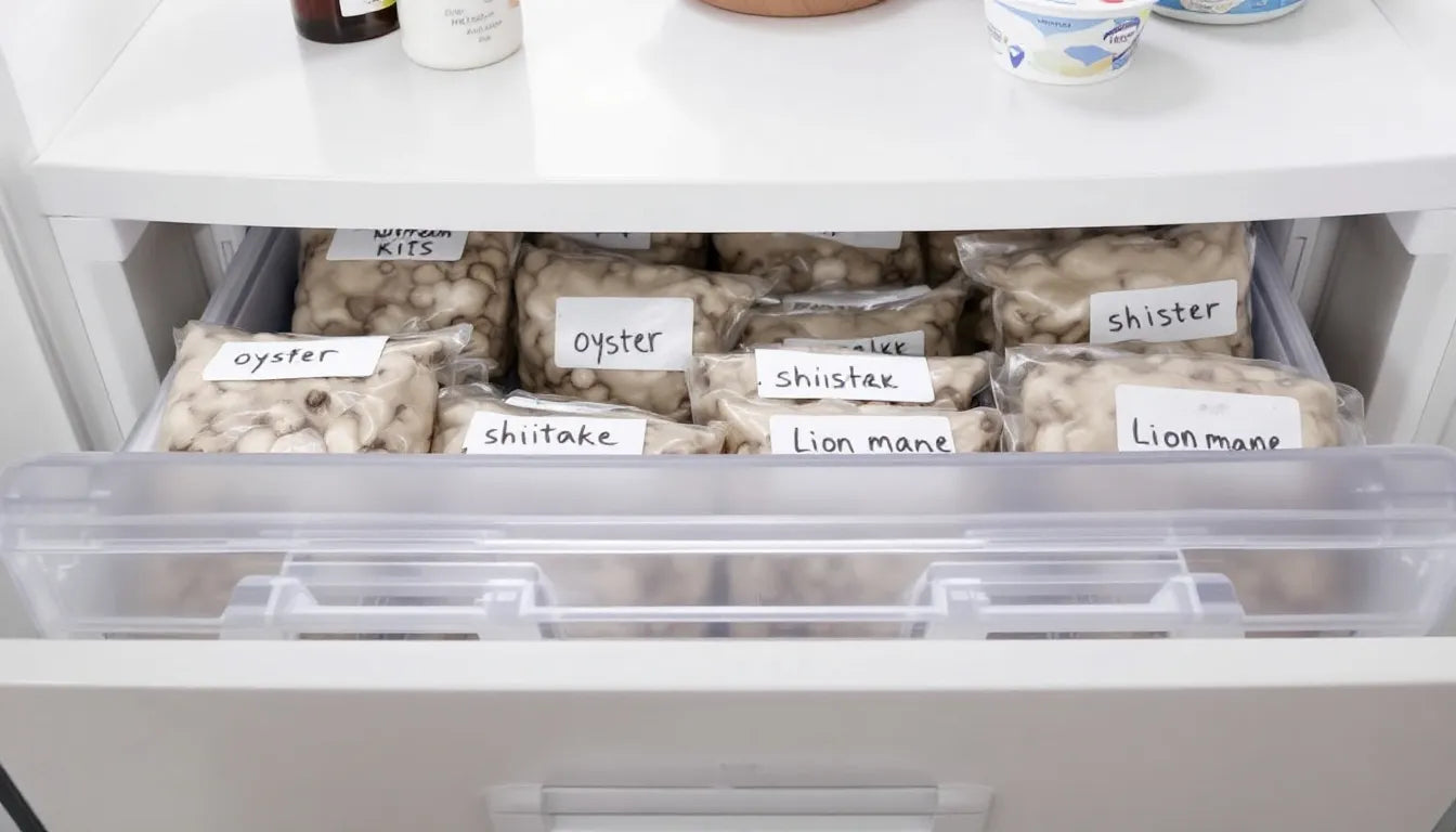 Mushroom kits labeled and stored properly in refrigerator drawer