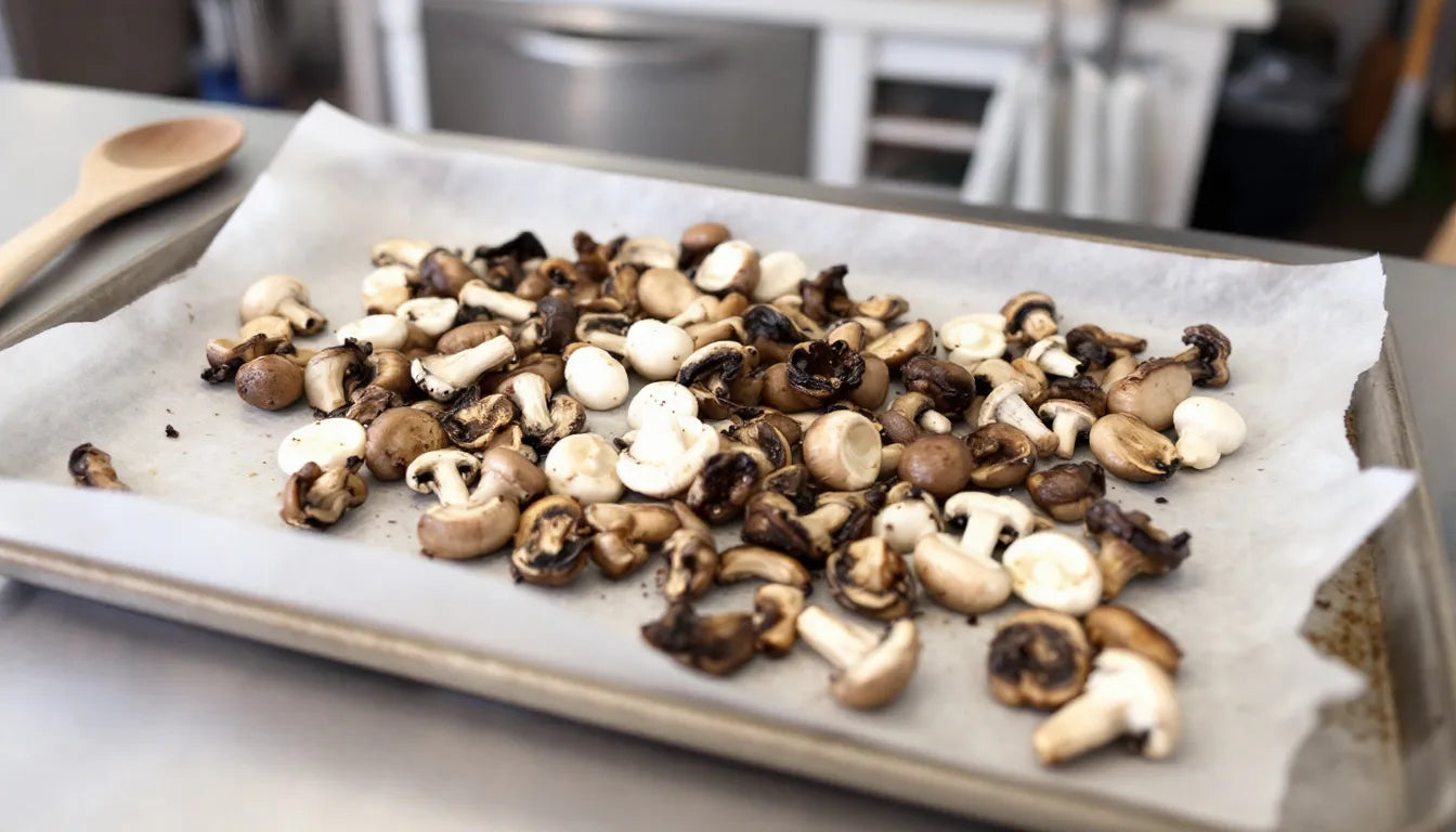Mushrooms roasting evenly on a baking tray