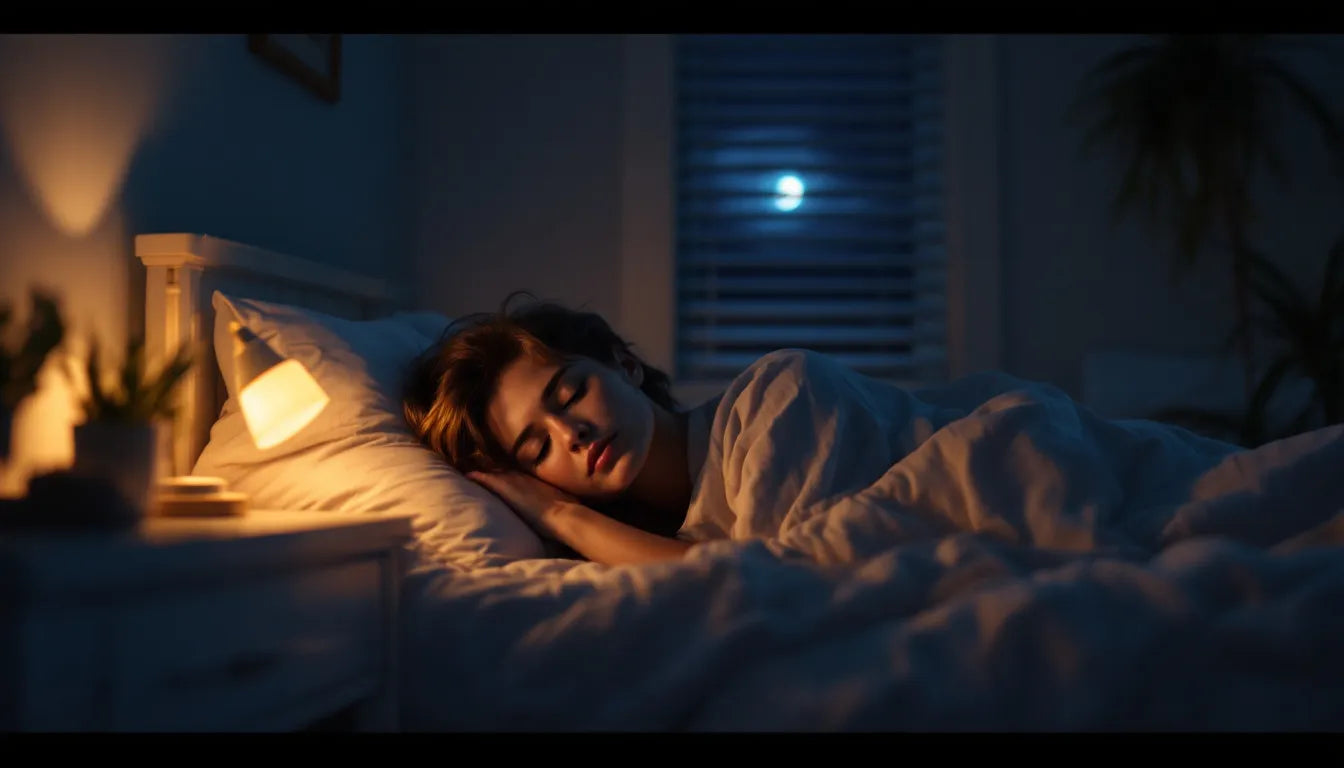 A person sleeping peacefully in a dark bedroom.