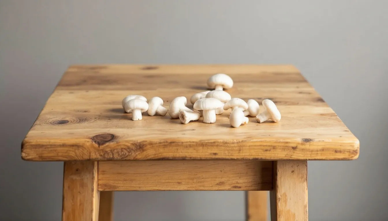 Fresh white button mushrooms on wooden surface