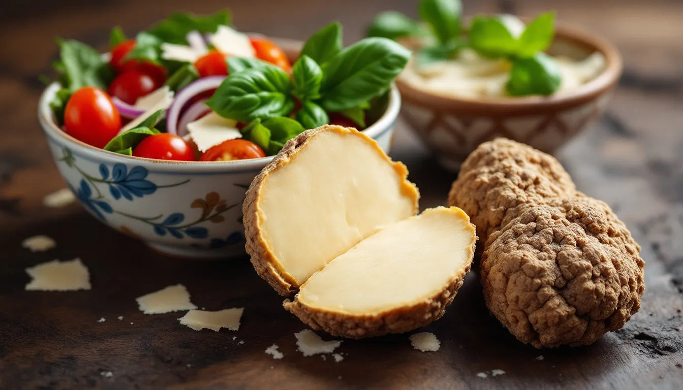Summer truffle next to fresh salad bowl