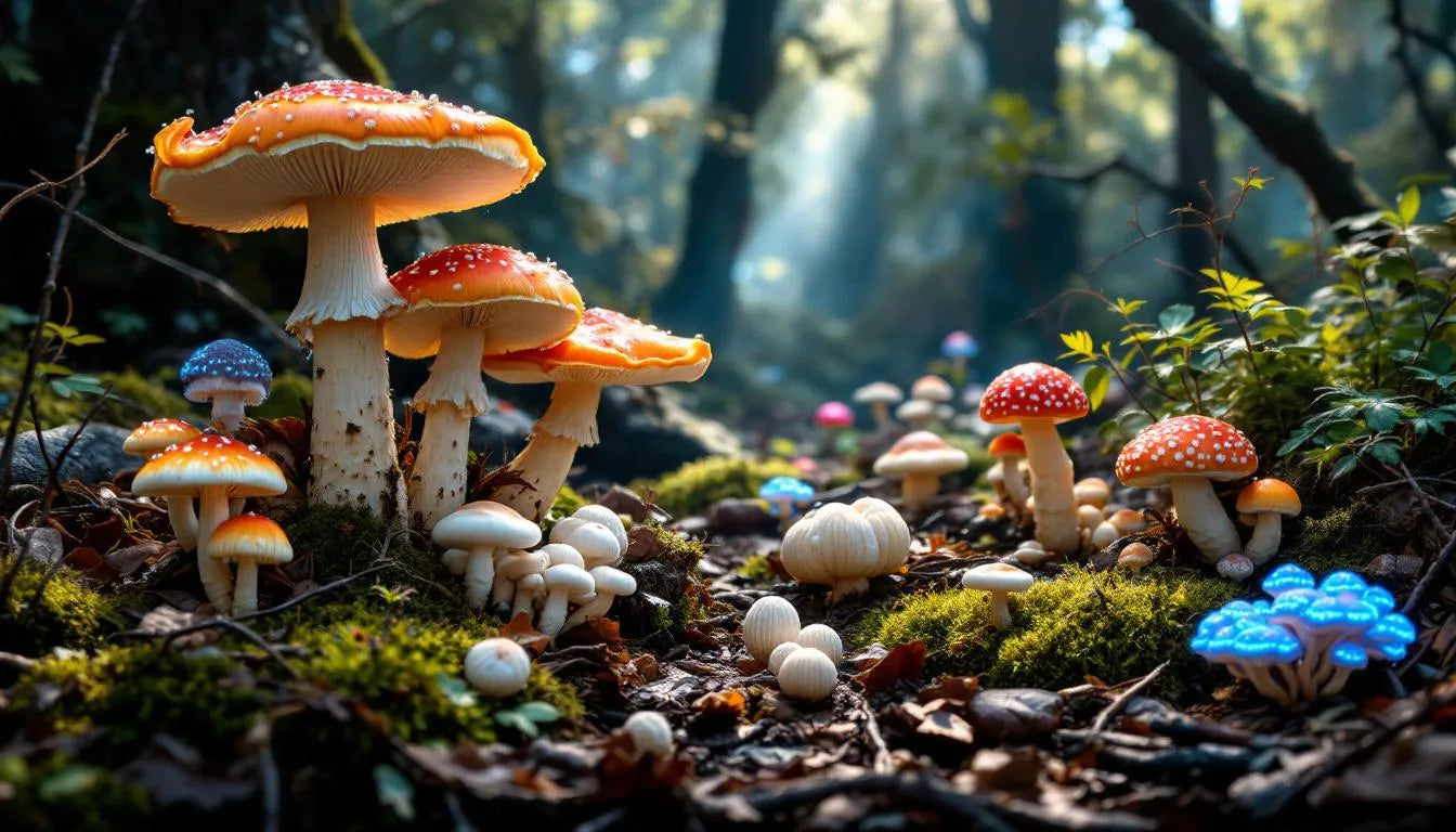 Different types of mushrooms growing on a forest floor