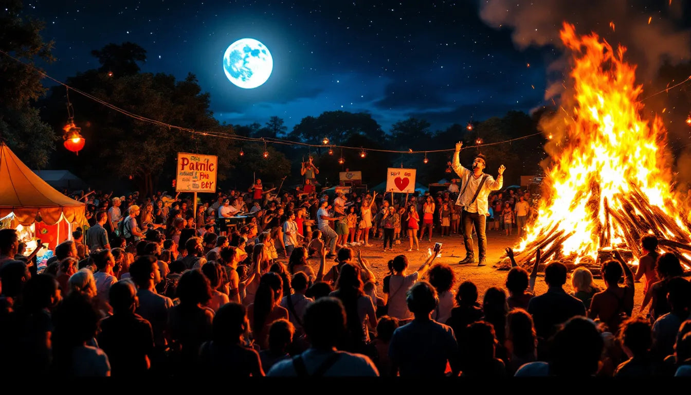 An outdoor night festival with a bonfire and live music, representing Jewish spiritual celebrations.