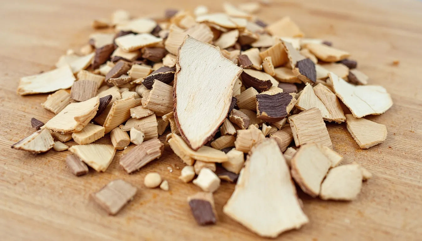 Moist wood chips and soy hulls for mushroom substrate