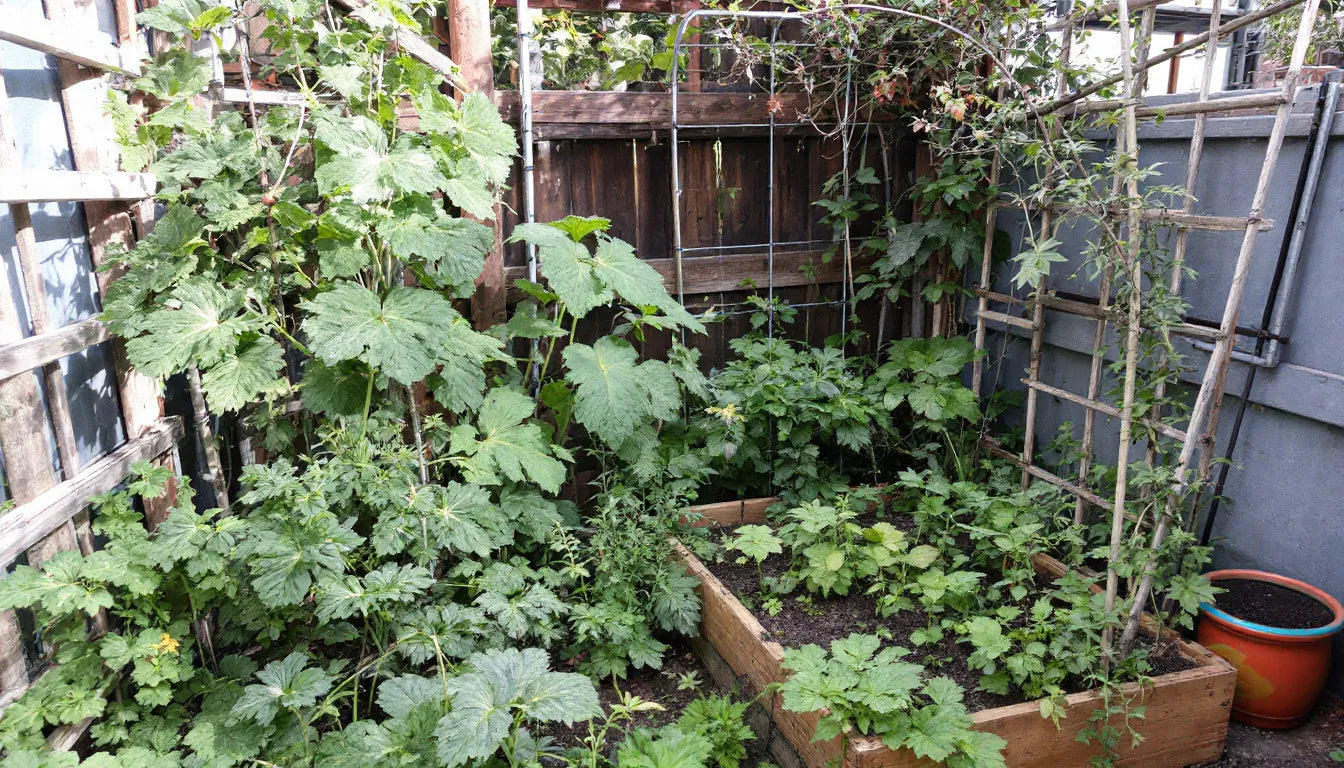 A small backyard vegetable garden in a city setting.