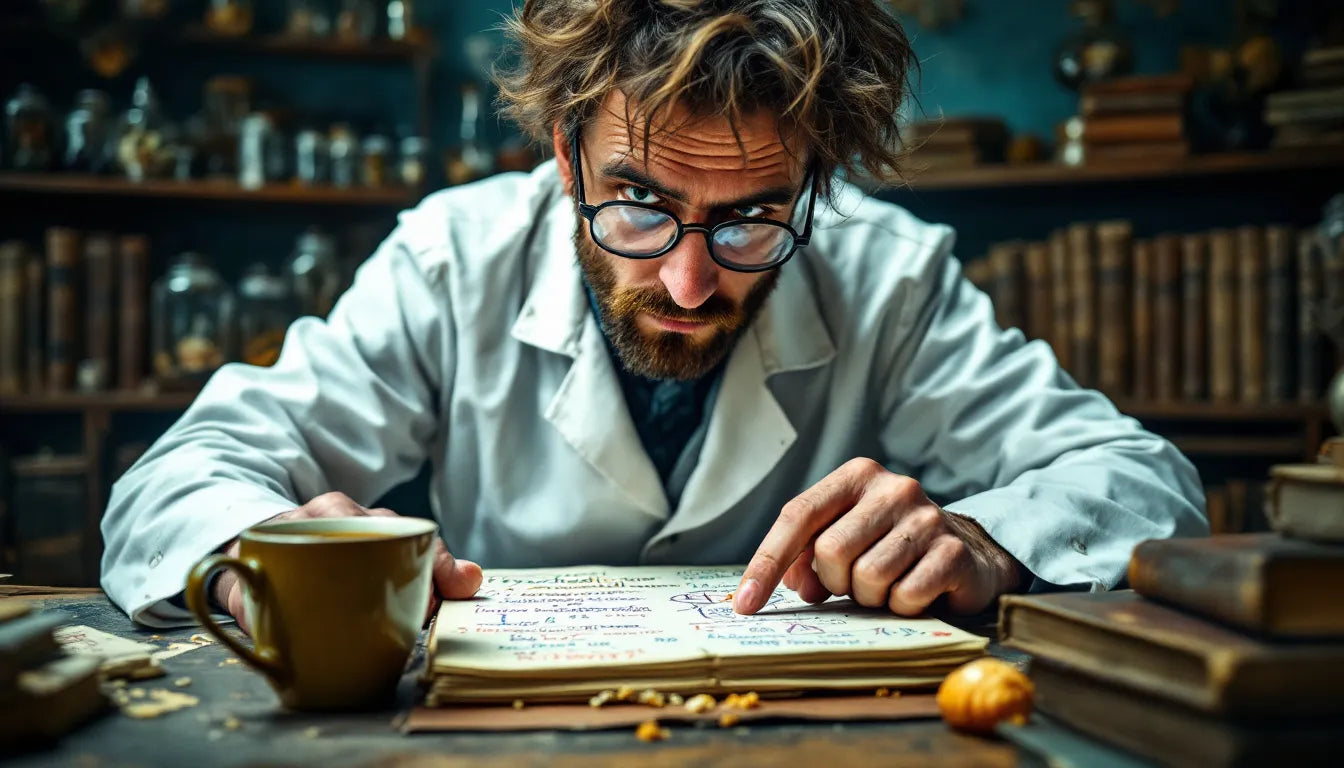 Scientist reviewing psychedelic research notes in a laboratory.