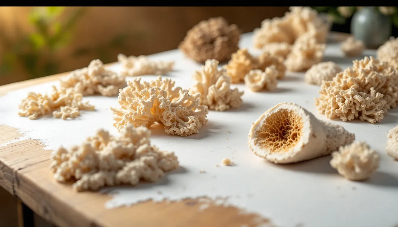 Mycelium-based biofabricated materials shown on tabletop