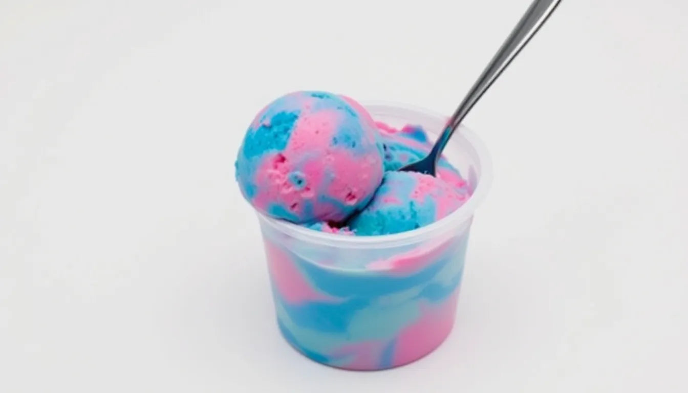 A creamy frozen dessert in a container with a spoon ready to serve.