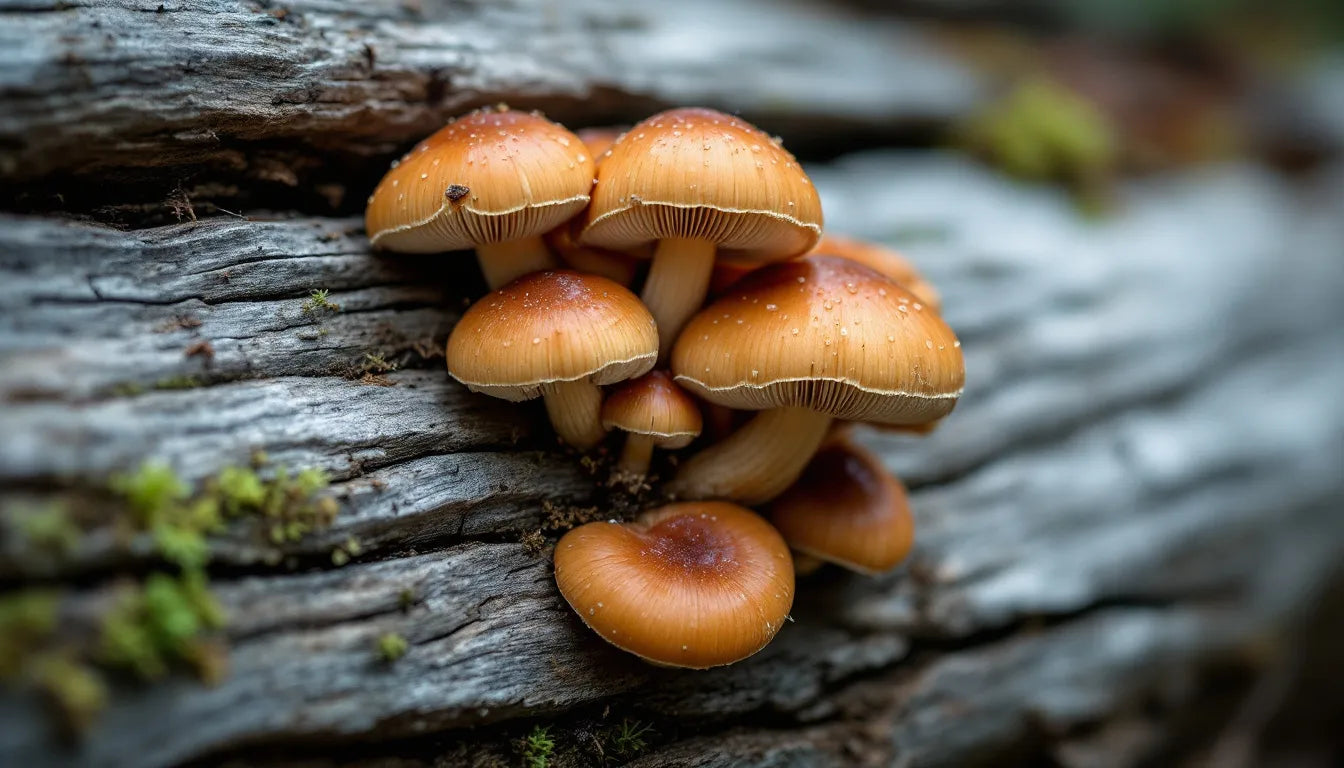 Fresh fruiting body mushrooms growing on a log.