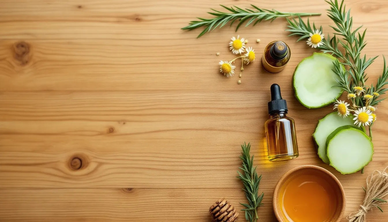 Natural skincare ingredients like honey and chaga powder on wood surface