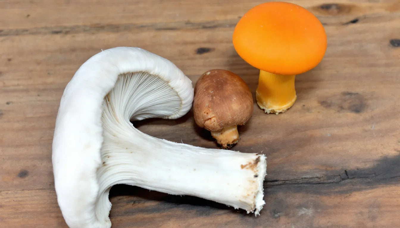 Oyster, lion's mane, and reishi mushrooms side by side