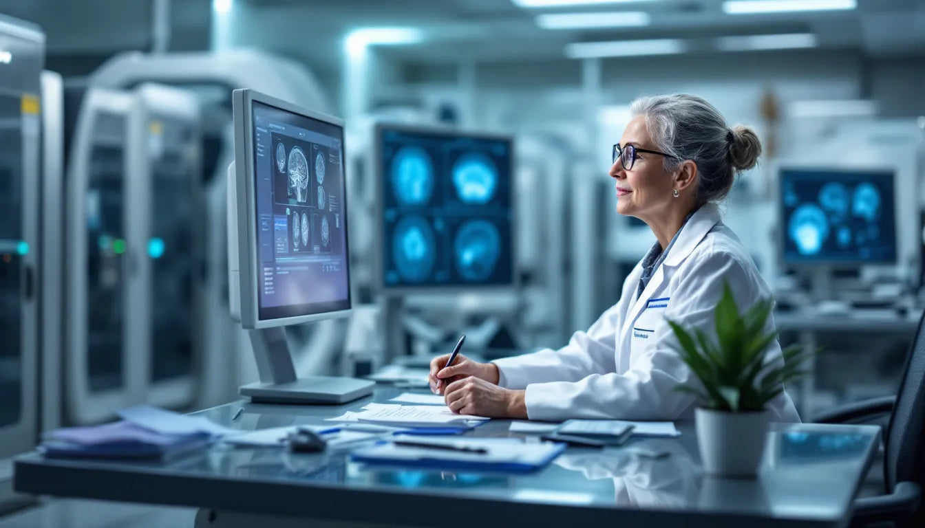 Scientist examining brain scans in a research laboratory setting.