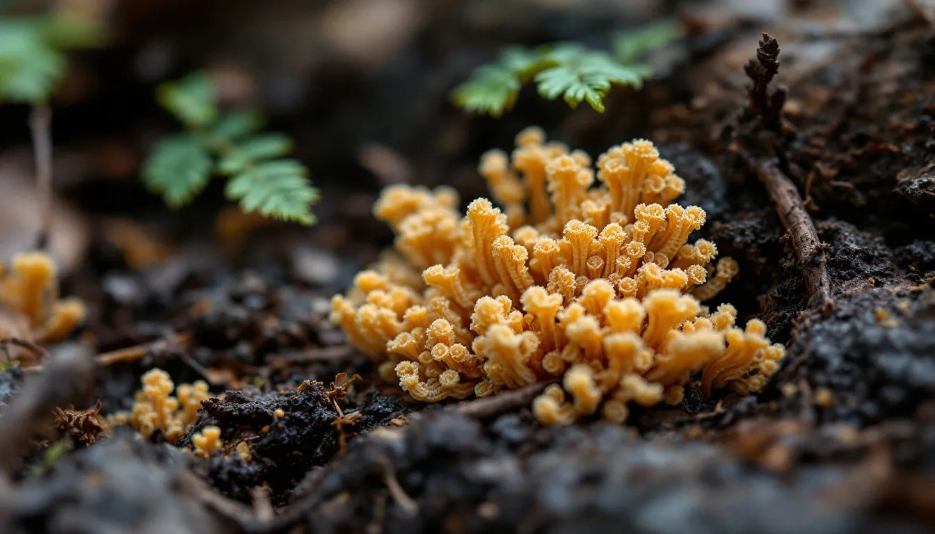 Macro view of mushroom spores on forest ground