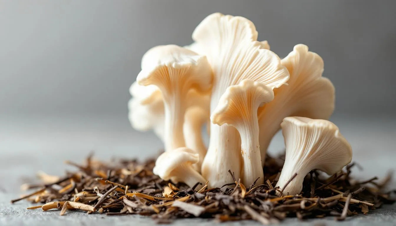 Oyster mushrooms growing rapidly on straw substrate