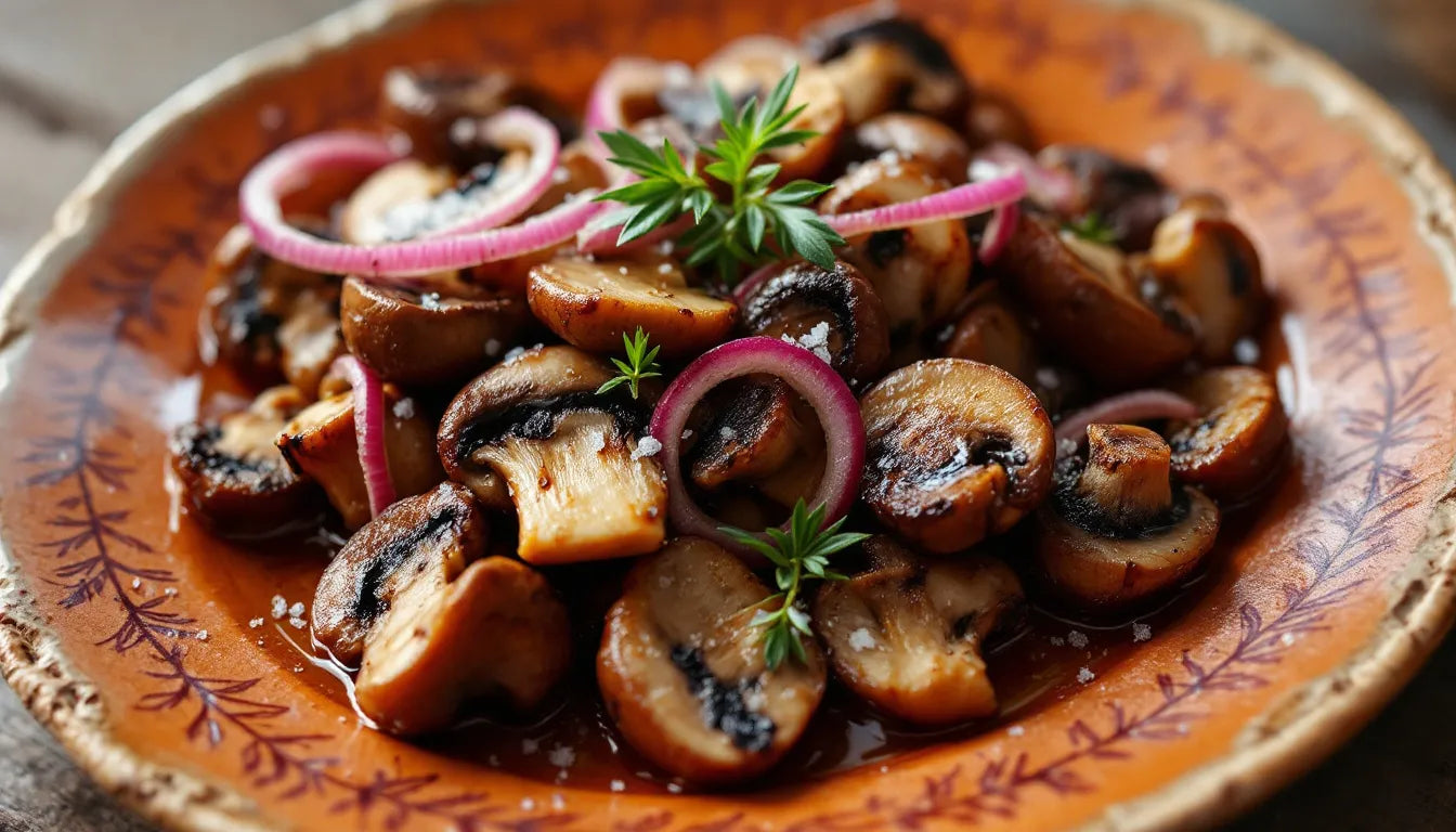 Flavorful roasted mushroom and onion medley on ceramic plate