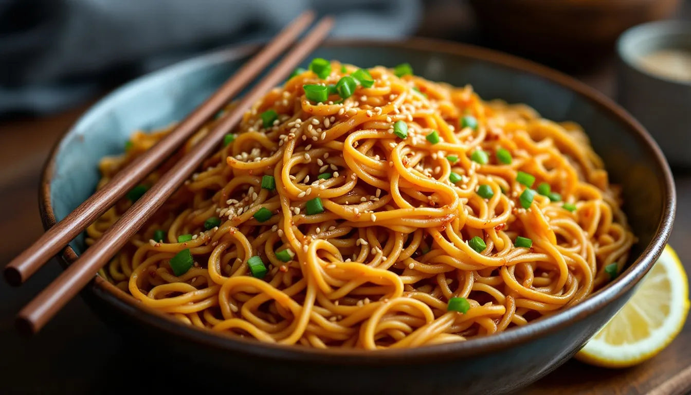 Lion's mane lo mein in takeout-style bowl