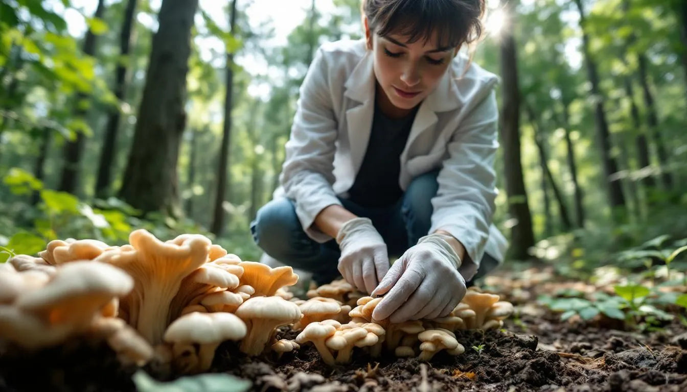 Farmer inspecting soil fungi with hands in garden