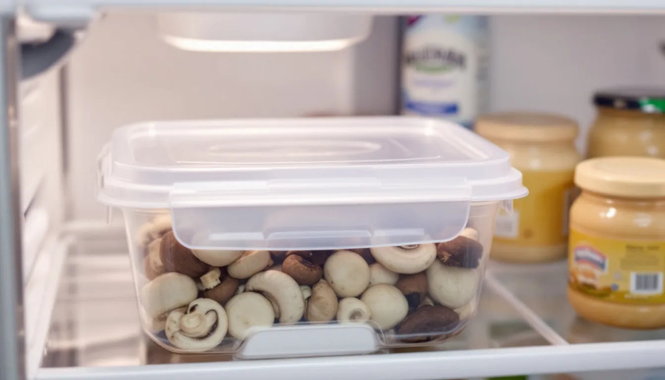 Sealed glass container of mushrooms stored inside a refrigerator