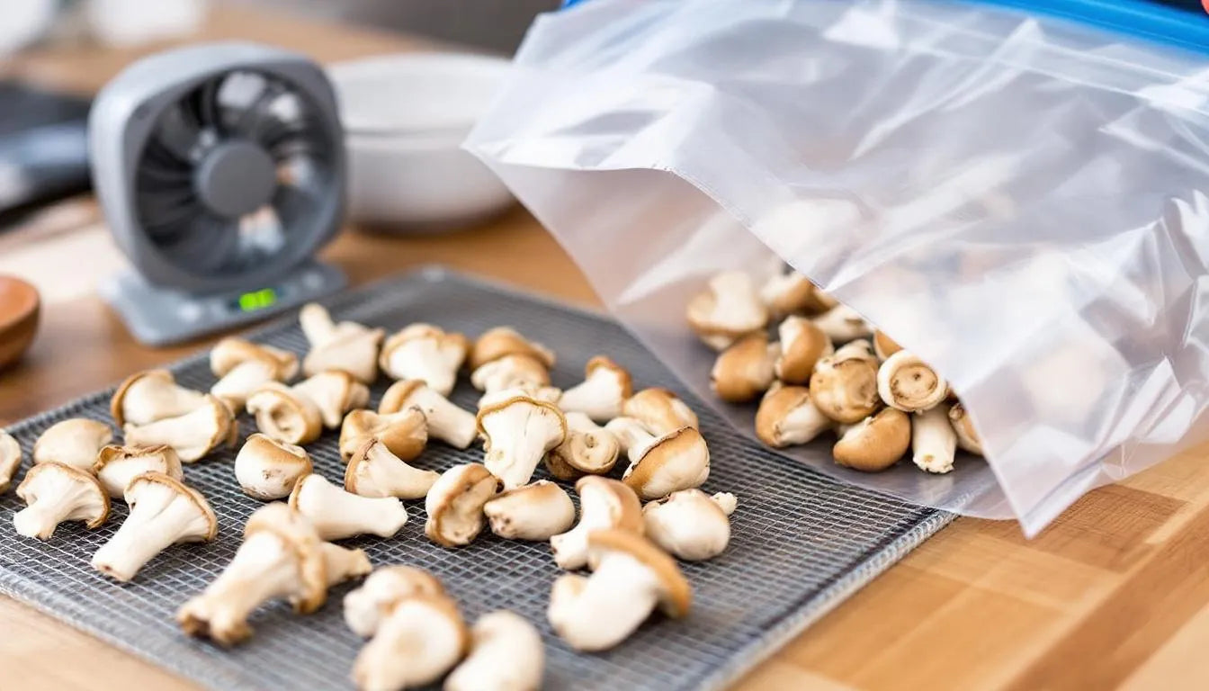 Home drying and vacuum sealing of harvested mushrooms