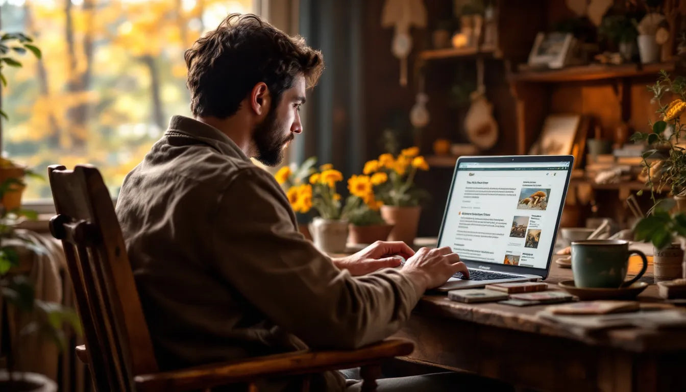 Person browsing mushroom growing forum on laptop