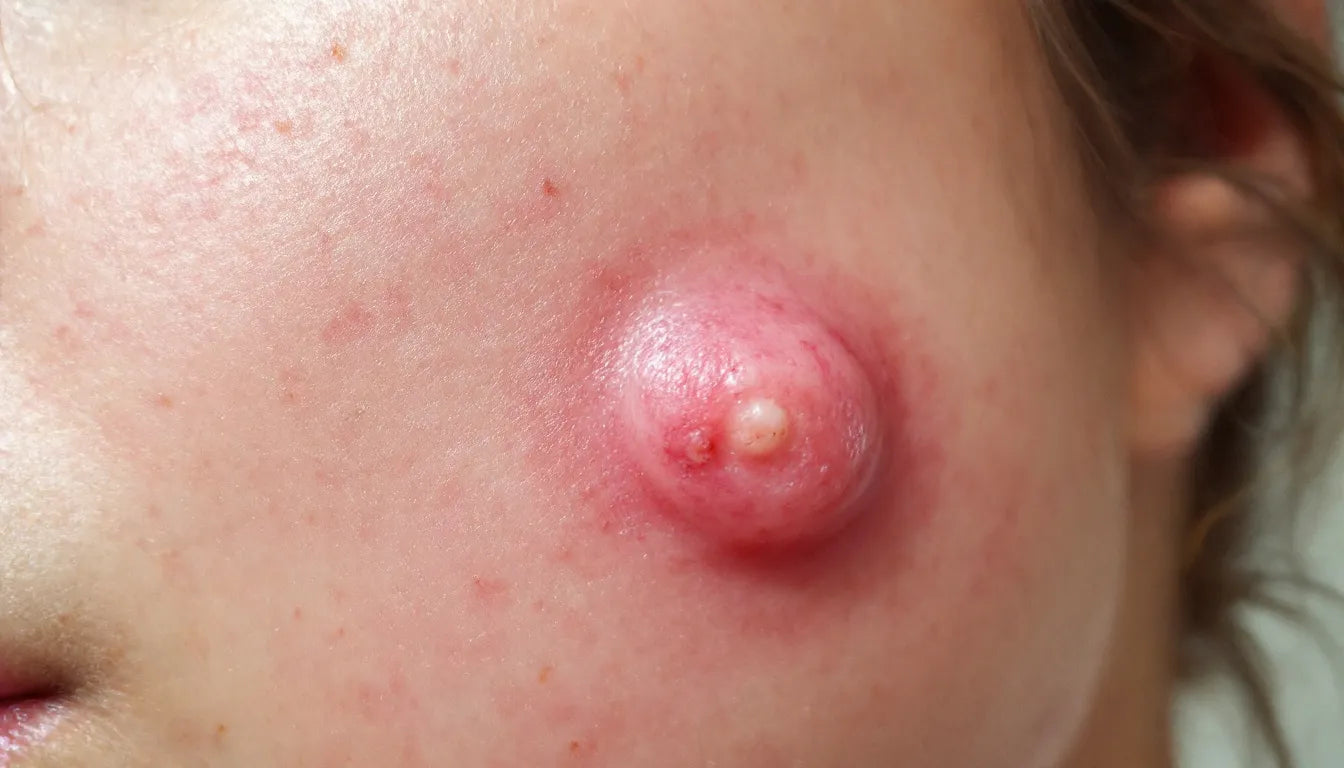 Closeup of red inflamed acne pimple on clear skin