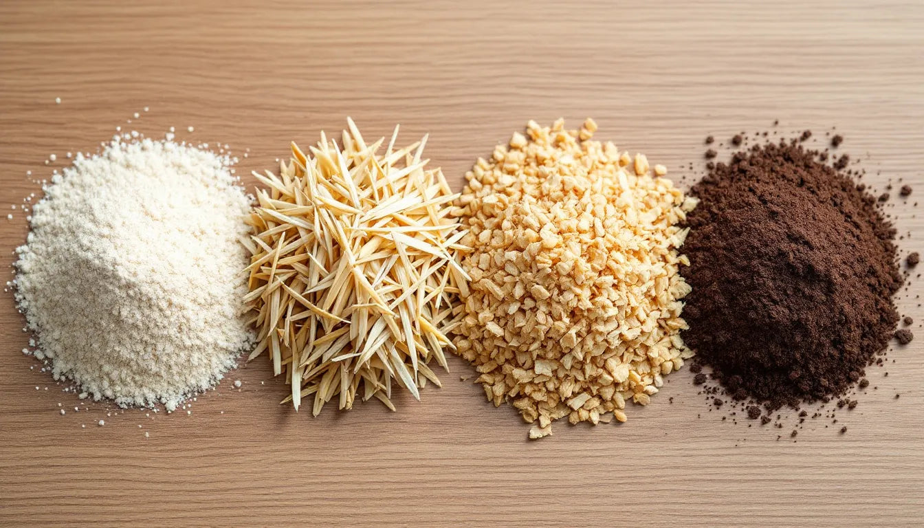 Various mushroom substrates such as sawdust, straw, and manure