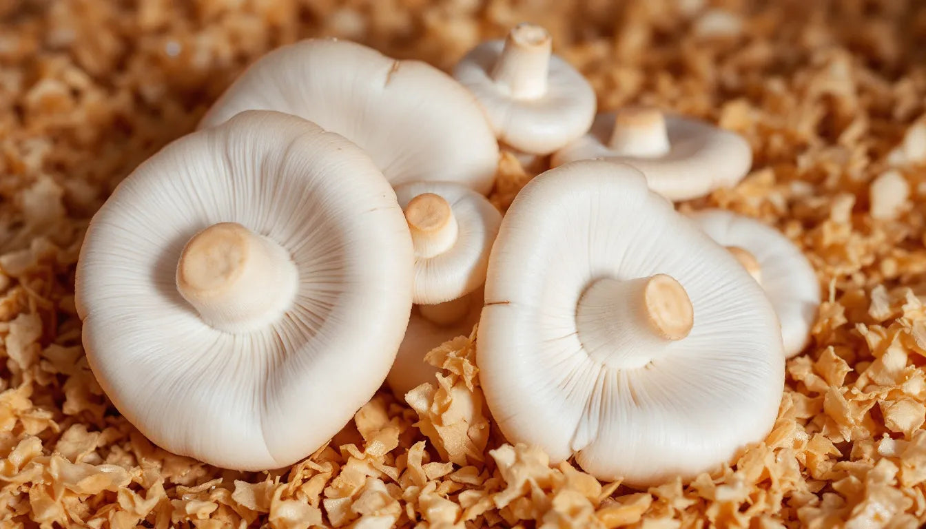 King Oyster mushrooms growing in sawdust and soy hull substrate