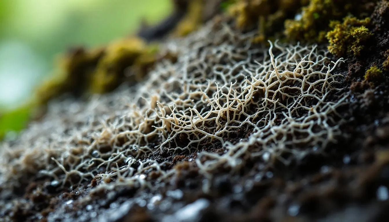 Fungal mycelium spreading across damp soil