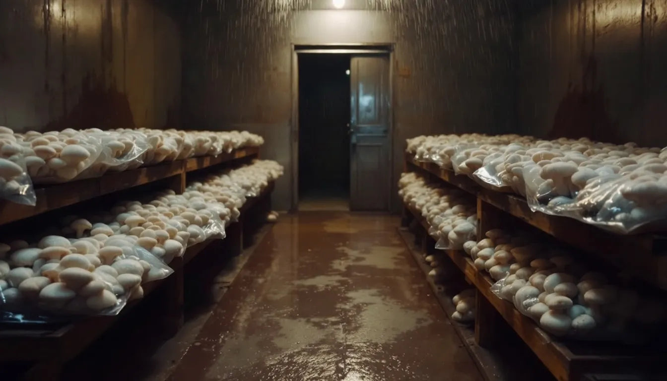 Dark humid indoor room with mushroom grow bags