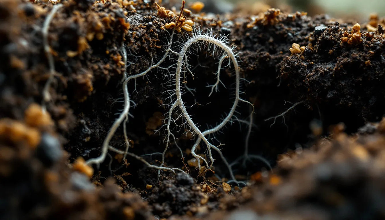 Complex mycelium network spreading through moist soil