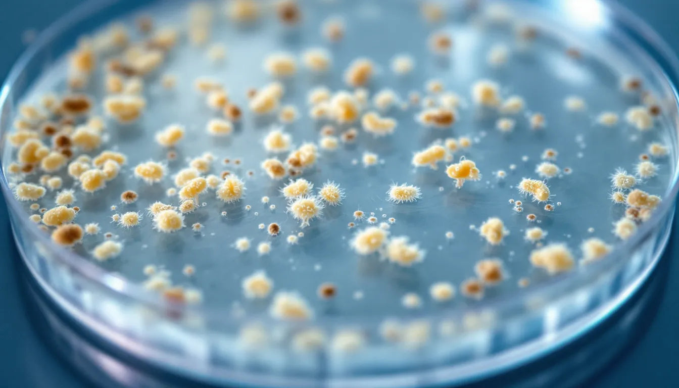 Close-up view of fungal spores growing on a petri dish.