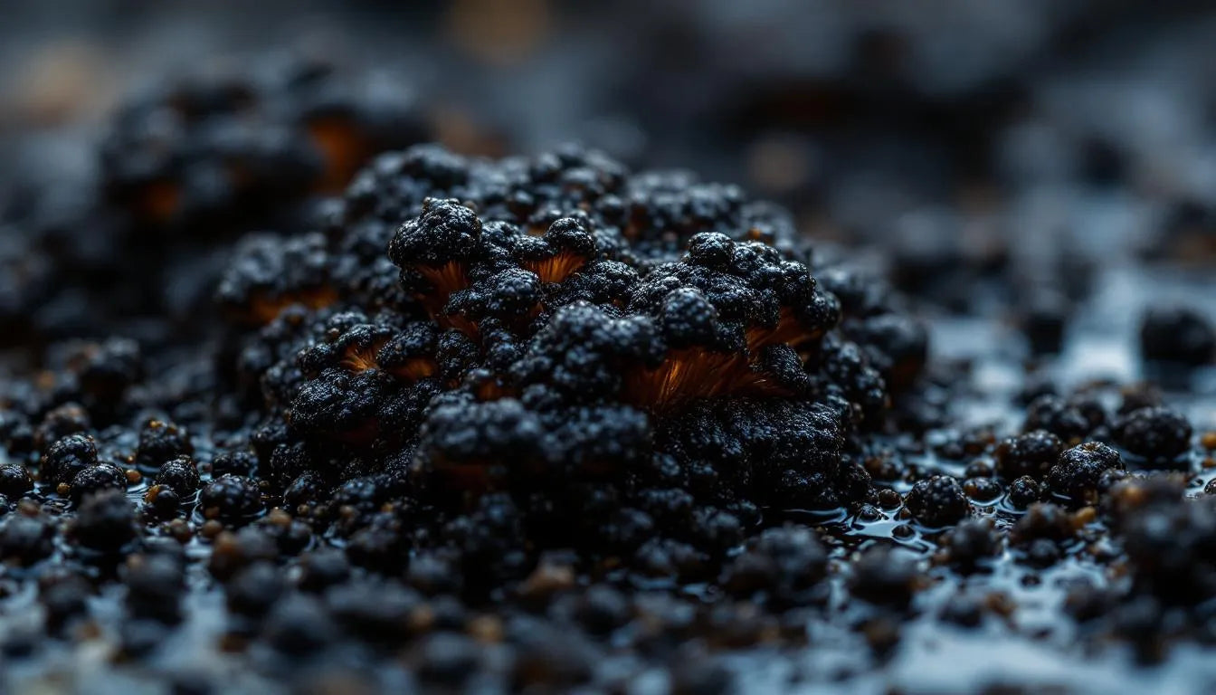 Contaminated mushroom spawn with slimy black appearance