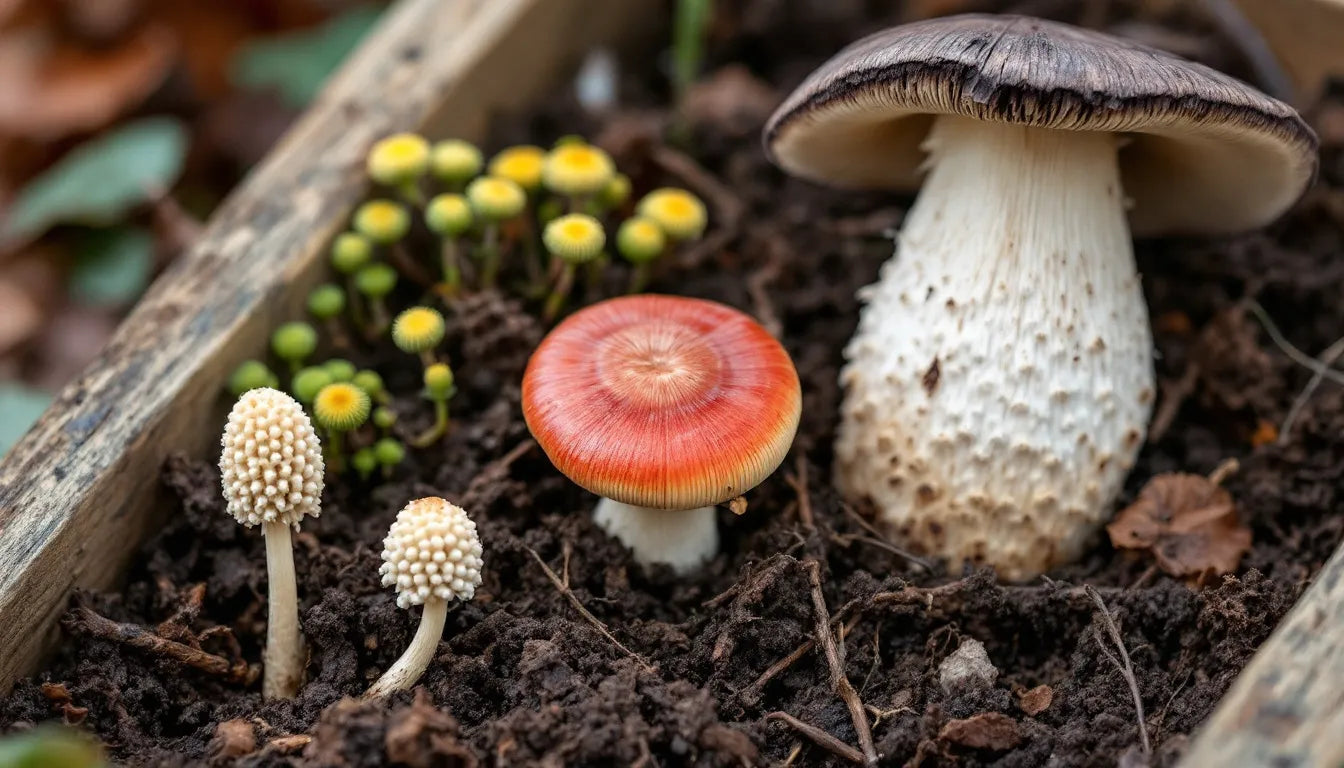 Portobello mushrooms at different growth stages in soil