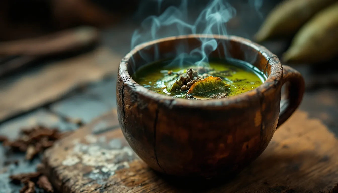 Ayahuasca brew served in a traditional wooden cup.