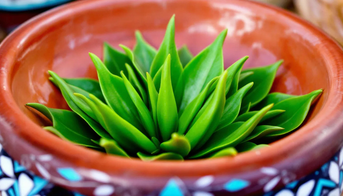 Fresh coca leaves in a handmade ceramic bowl