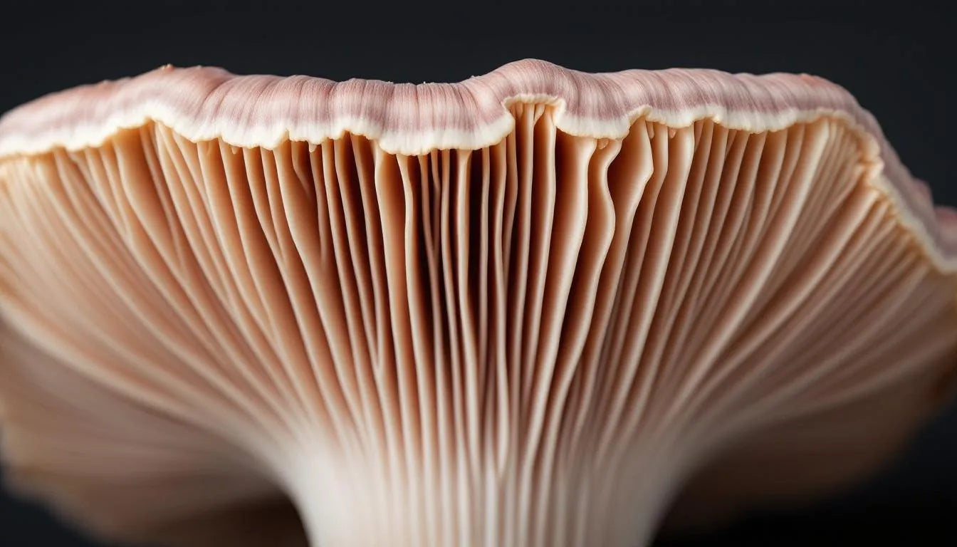 Closeup underside of mushroom showing detailed gills
