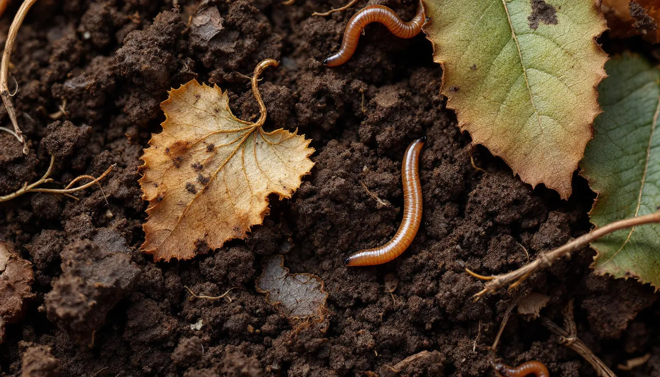 Closeup of decomposed organic matter in dark rich soil