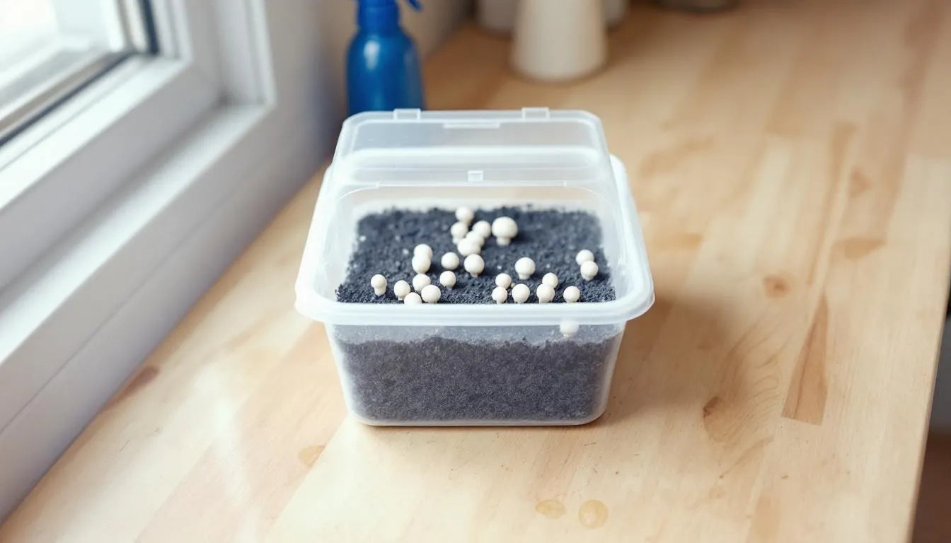 A kitchen counter with a home mushroom growing kit