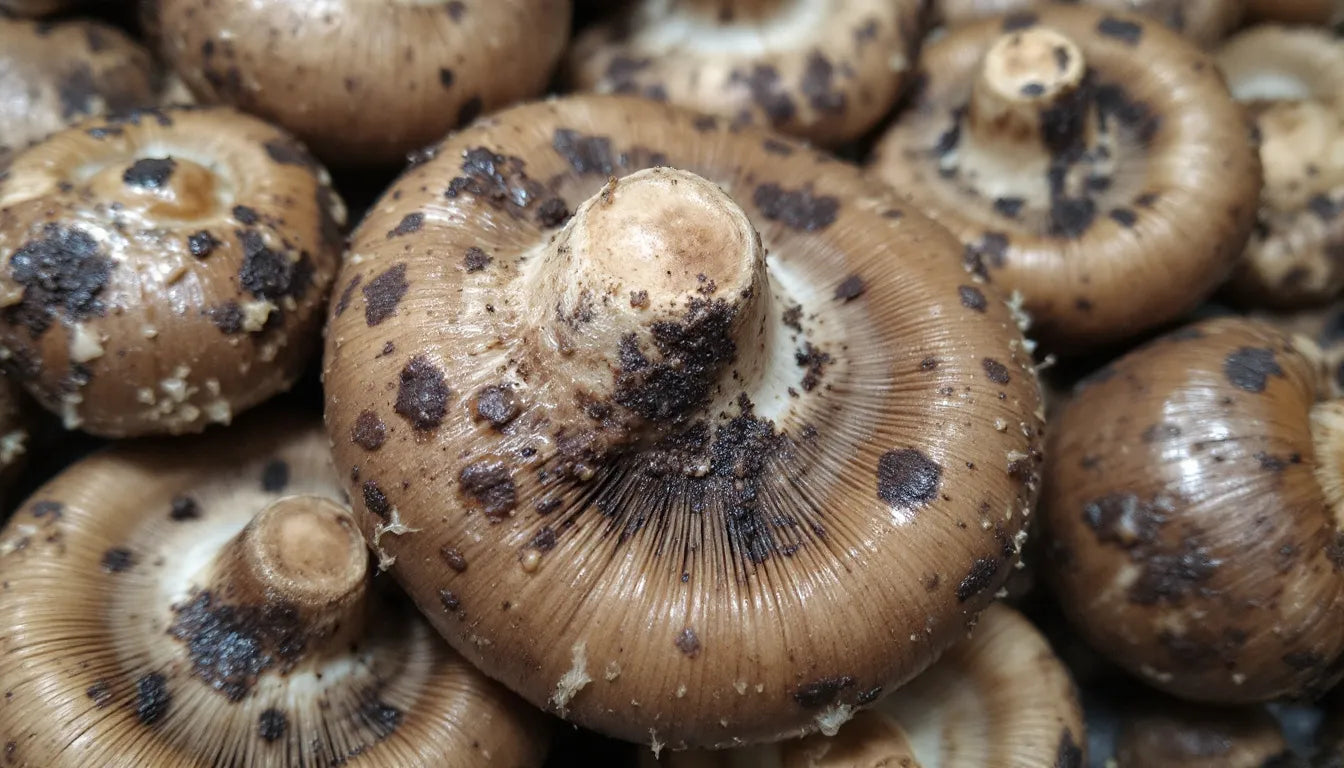 Spoiled mushrooms showing dark spots and slime.