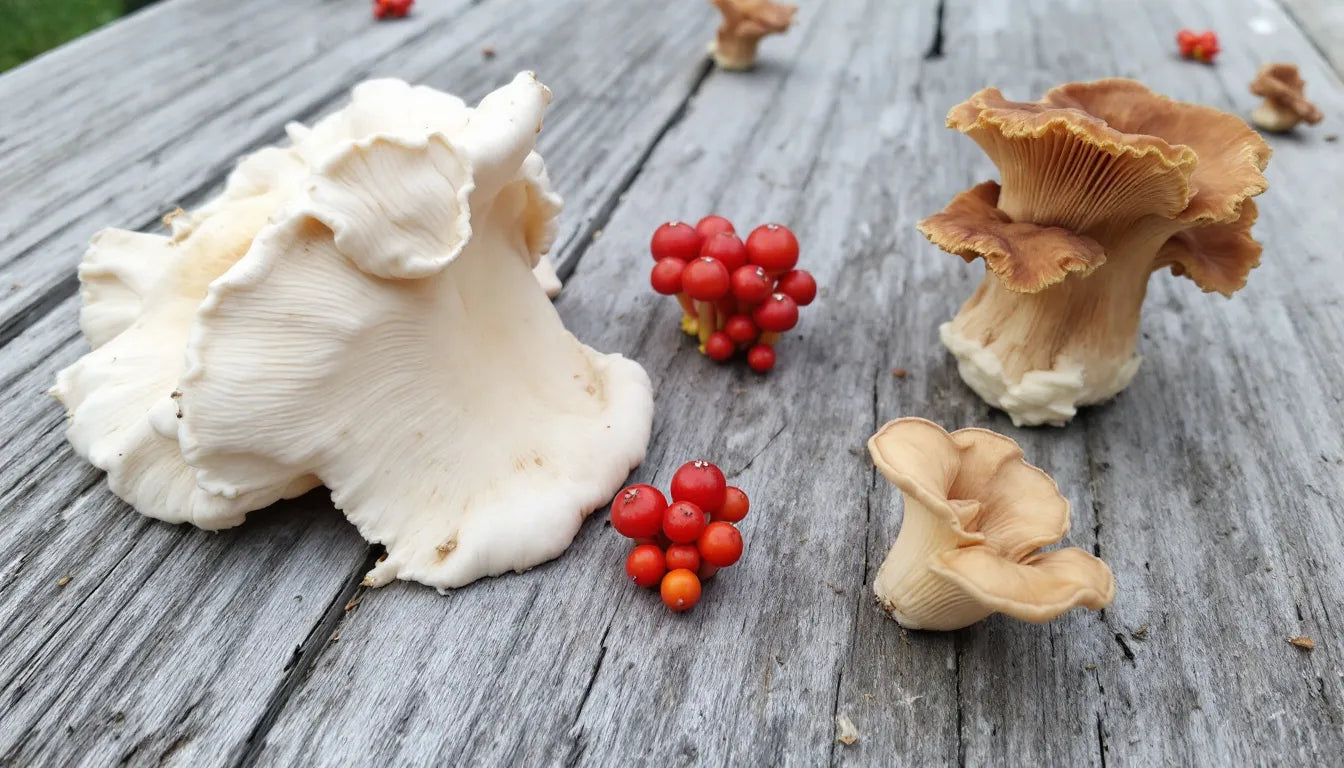 Various types of edible mushrooms displayed on a wooden surface.