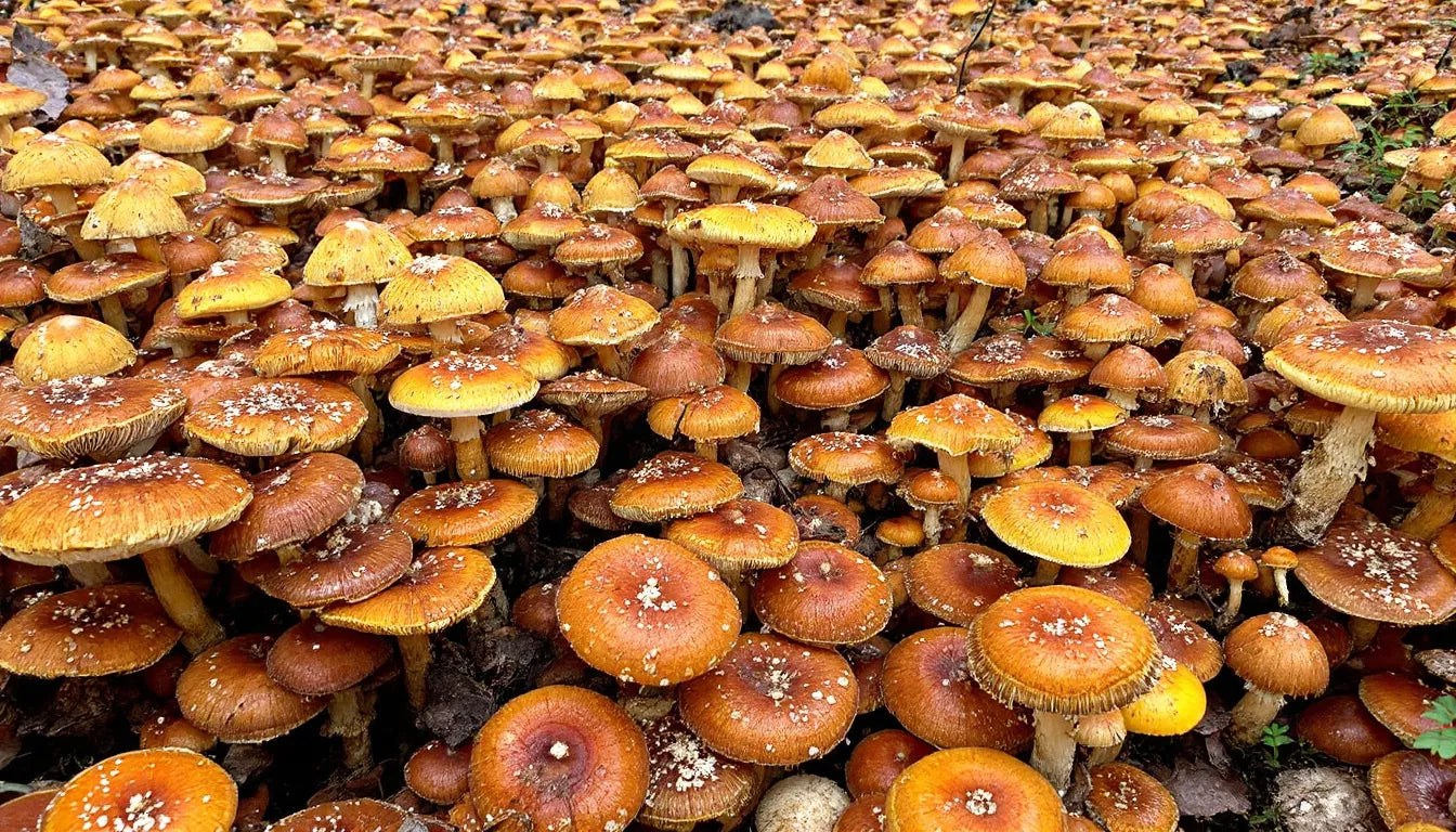 A lush protected forest area with diverse mushroom growth on the forest floor.