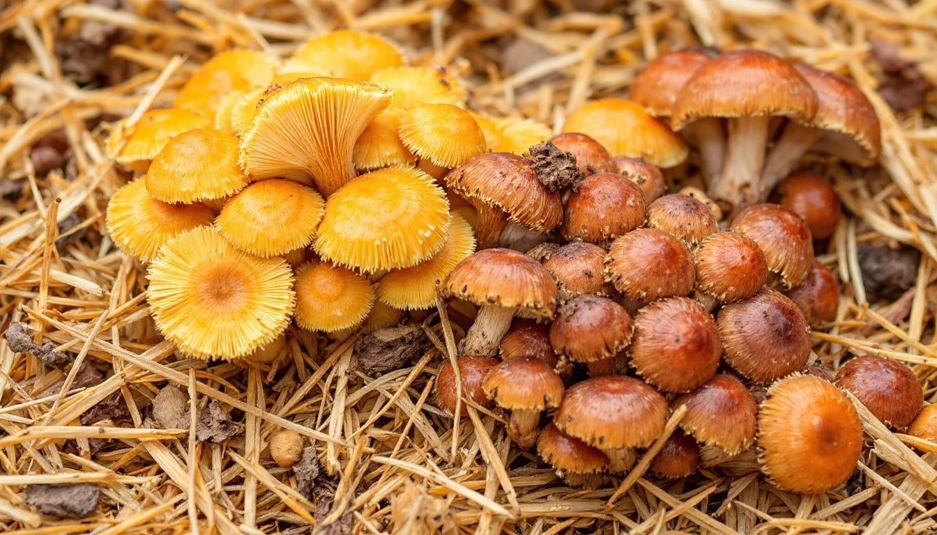 Mushrooms sprouting from recycled straw showing sustainability